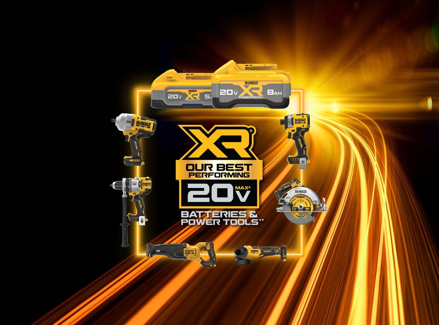 A promotional graphic featuring DEWALT XR 20V MAX batteries and power tools. The image shows two yellow batteries (5 Ah and 8 Ah) at the top, surrounded by a variety of DEWALT power tools including an impact wrench, drill, circular saw, and reciprocating saw. At the center is a bold XR logo with the text “Our Best Performing 20V MAX Batteries & Power Tools.” The background has dynamic yellow and orange streaks of light.