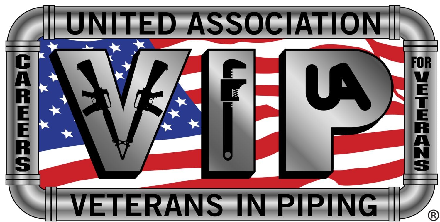 Logo for United Association Veterans in Piping program. The design features metallic pipe framing with the words 'United Association' at the top and 'Veterans in Piping' at the bottom, plus 'Careers for Veterans' on the sides. The center shows 'VIP' with graphic symbols including rifles, a pipe wrench, and 'UA' against a background of the American flag.