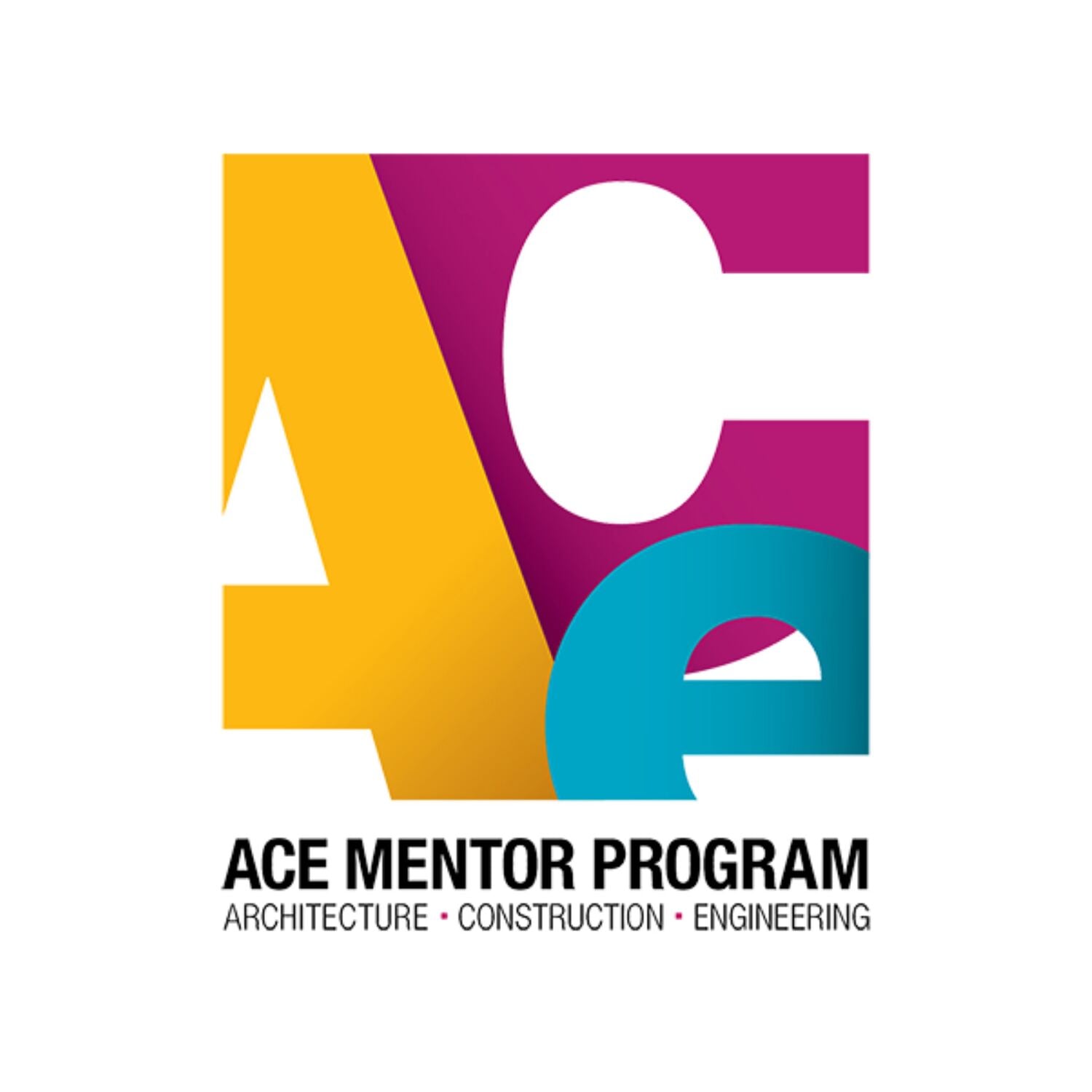 Logo for the ACE Mentor Program. Large overlapping letters 'A' in yellow, 'C' in magenta, and 'E' in teal blue. Below, text reads 'ACE Mentor Program' and 'Architecture • Construction • Engineering'.