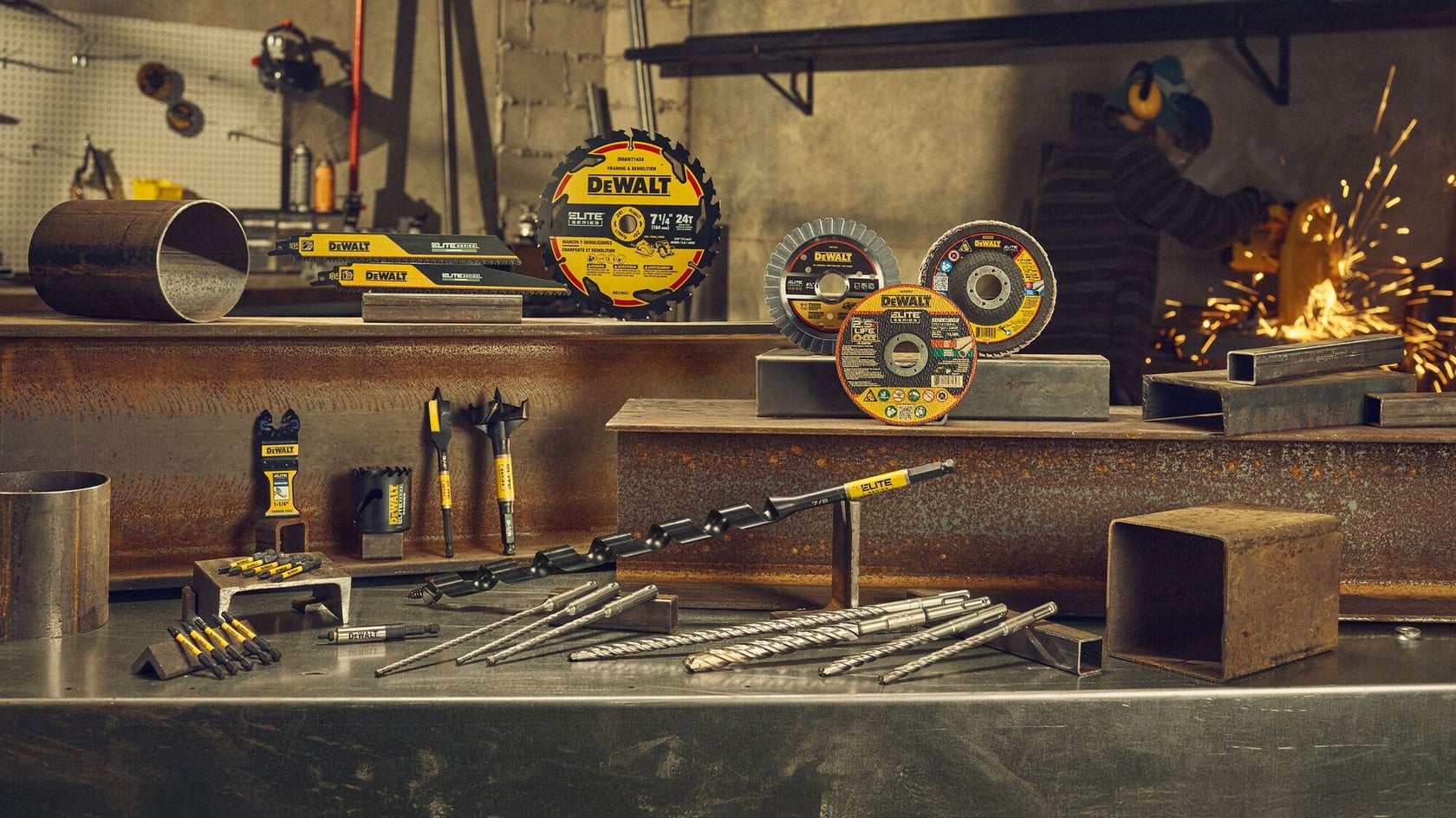 DEWALT ELITE SERIES Power Tool Accessories are shown on a workbench