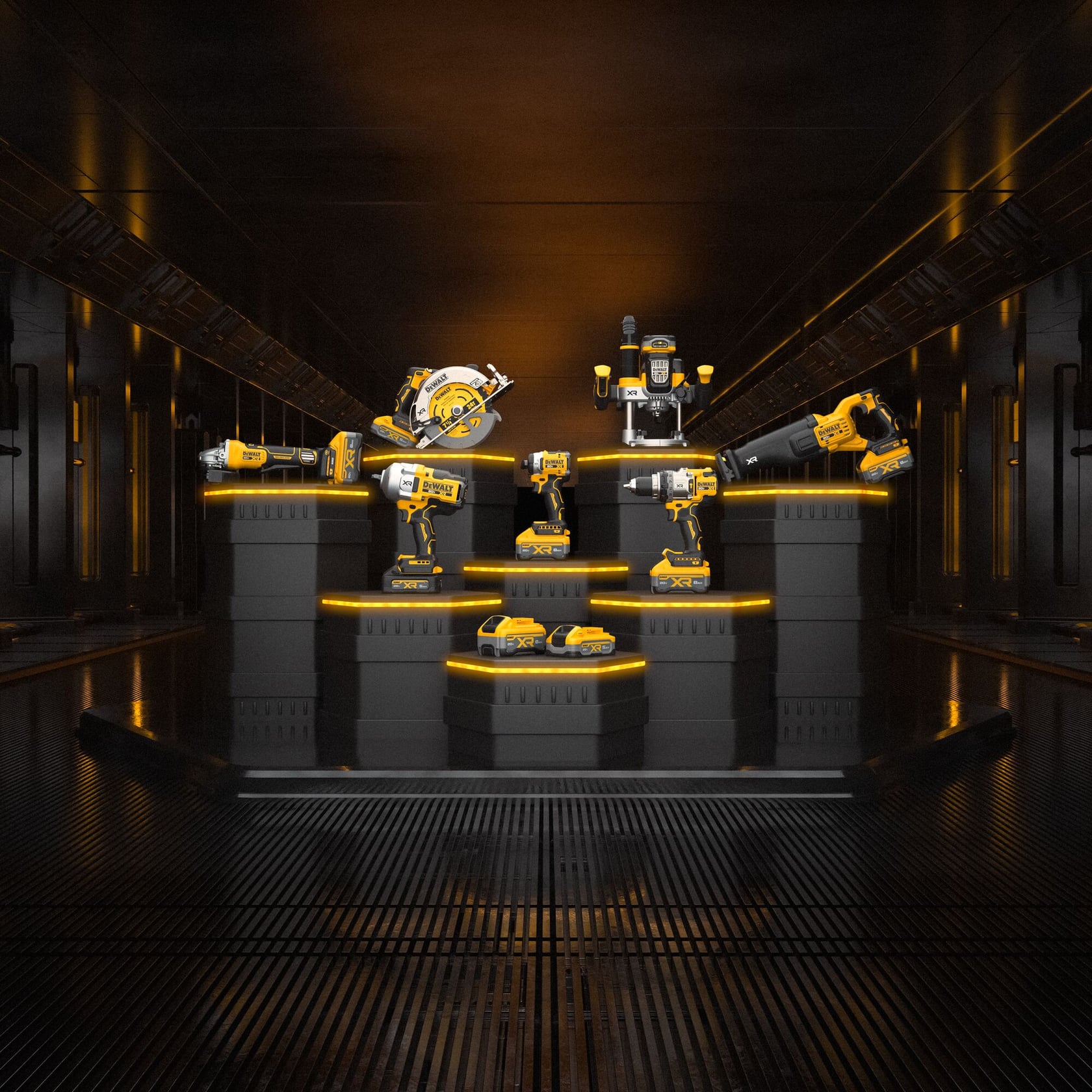 A group of various DEWALT power tools, including drills, saws, batteries, and other equipment, are displayed on illuminated black platforms in a modern industrial setting.