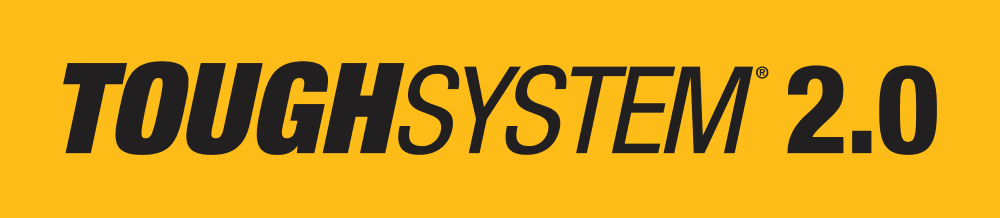 Logo for 'TOUGHSYSTEM 2.0' in black text on a yellow rectangular background.