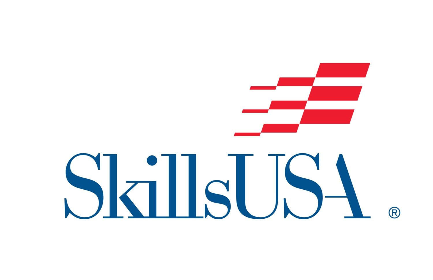 Logo for SkillsUSA featuring blue text and red stylized lines above the name.
