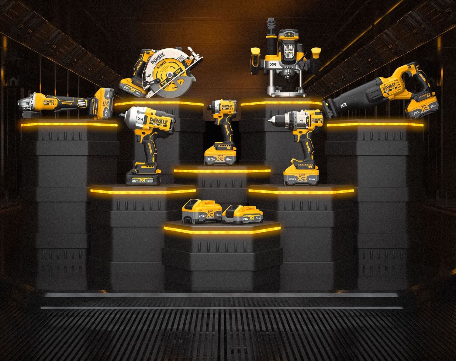 DEWALT XR Power Tools are shown on risers