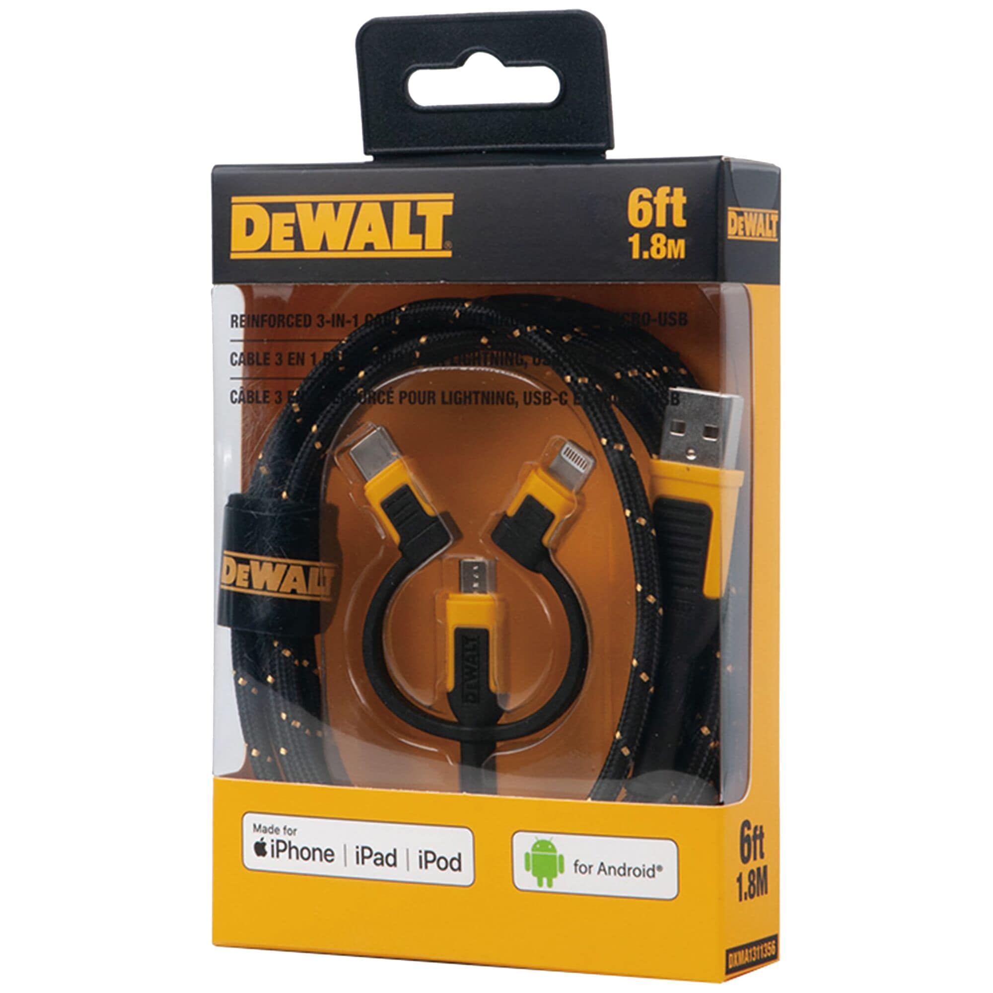 Reinforced 3 in 1 Cable for Lightning USB C and Micro USB DEWALT