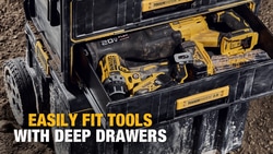 Video ToughSystem units' zoomed in shot of rolling tower, DEWALT logo