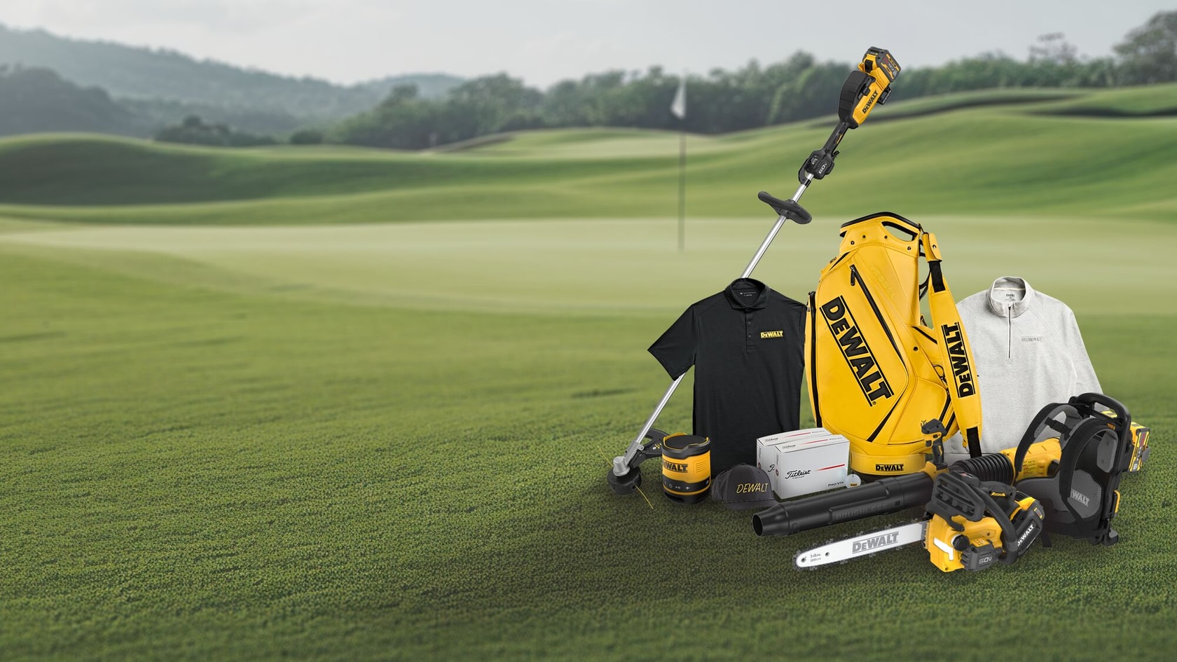DEWALT tools, golf bag, shirts and accessories displayed on a golf course with hills in the background.