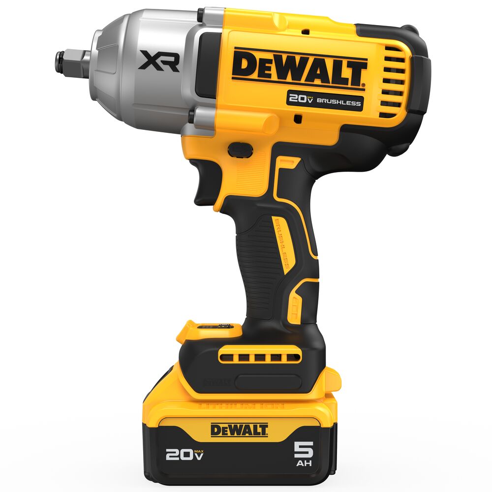 Side view of DEWALT 20V MAX XR(®) 1/2 in. High Torque Impact Wrench with 5.0 Ah battery