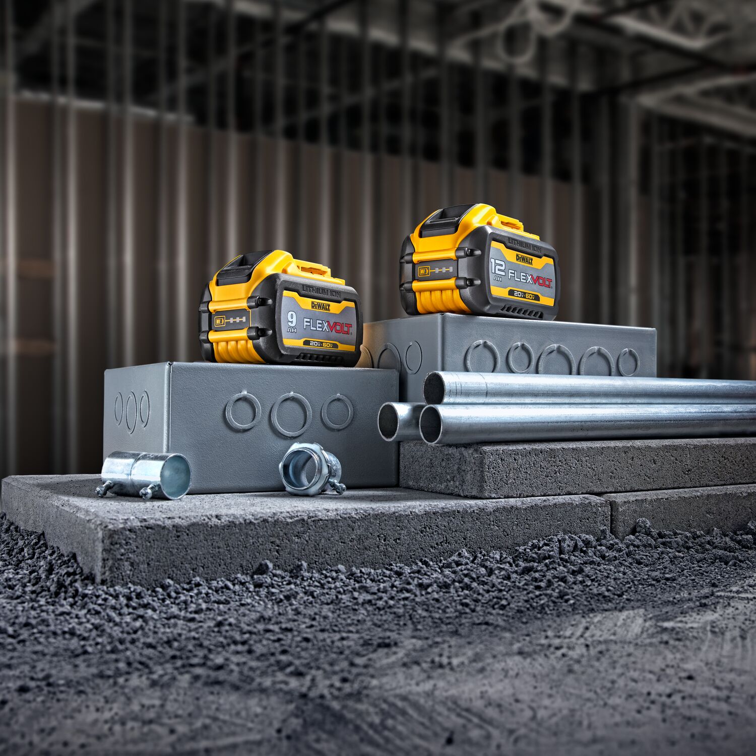 FlexVolt(™) Batteries in 9AH and 12AH (DCB609 and DCB612) featured in an industrial jobsite